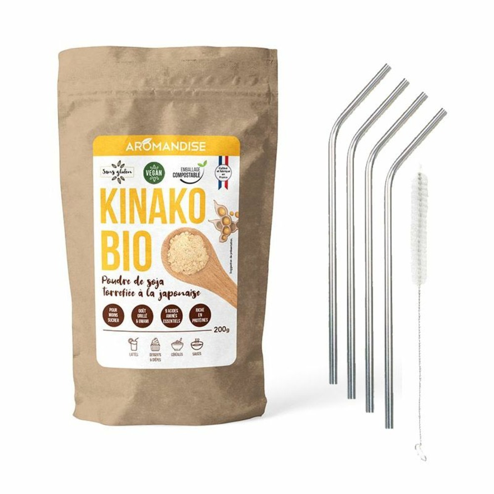 Poudre de soja torréfié bio kinako 80 g + 4 pailles en inox