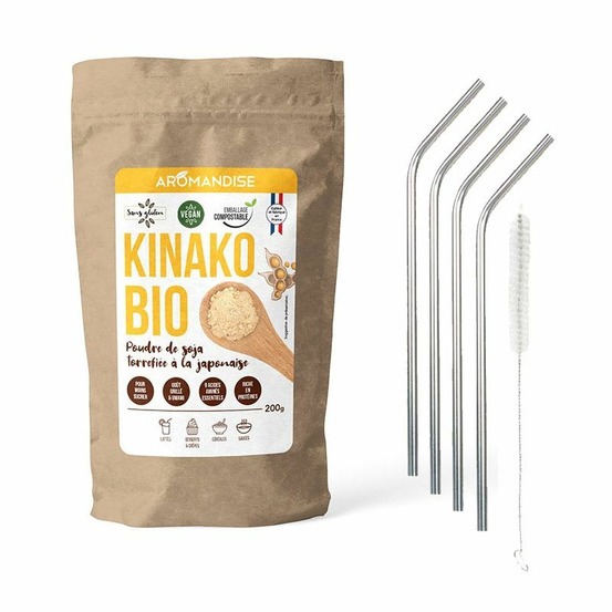 Poudre de soja torréfié bio kinako 80 g + 4 pailles en inox