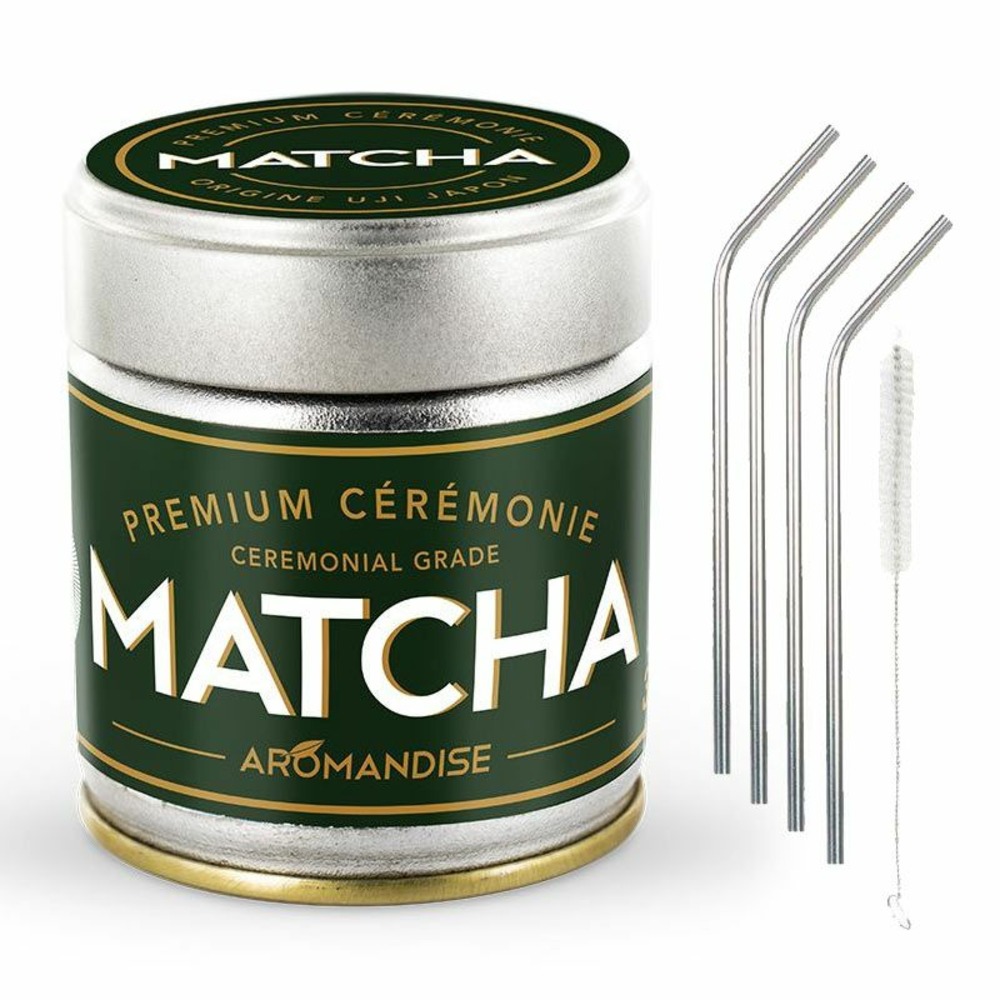 Thé matcha de cérémonie premium 30 g + 4 pailles en inox