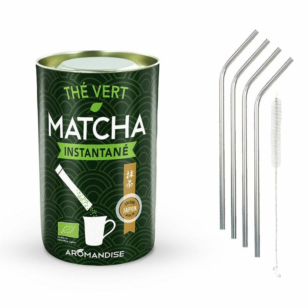 Thé vert matcha instantané en sticks + 4 pailles en inox