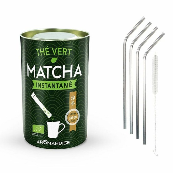 Thé vert matcha instantané en sticks + 4 pailles en inox