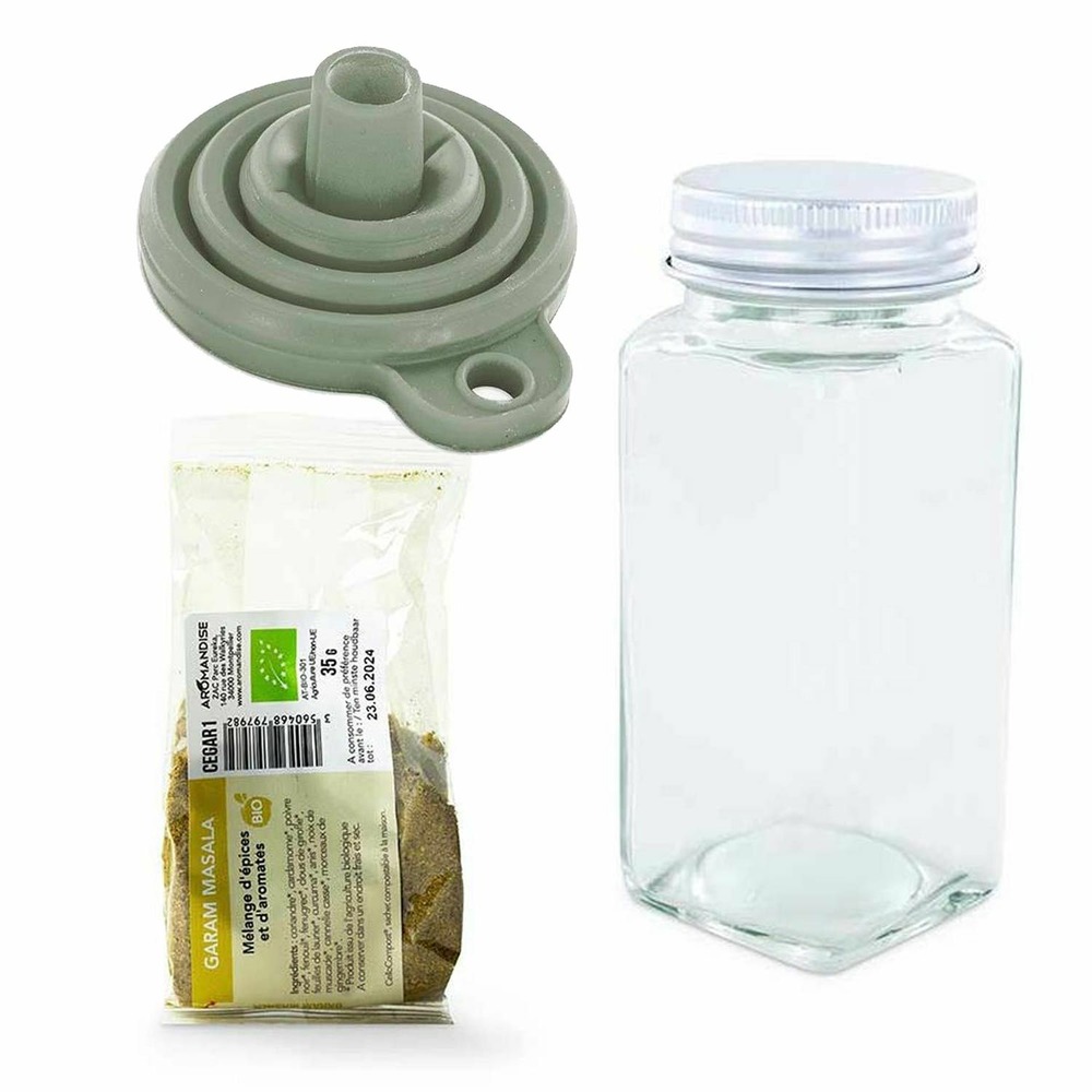 Flacon à épices poudreur + entonnoir + garam massala 35 g