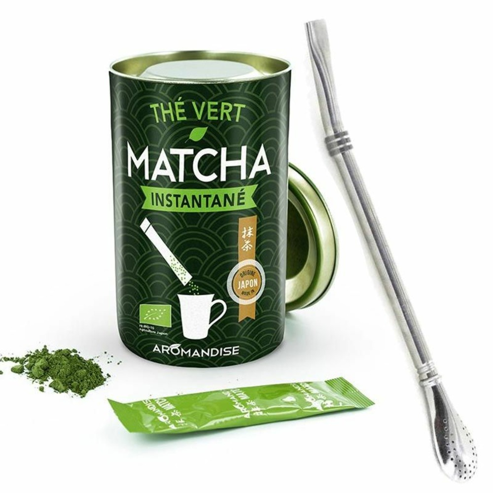 Thé vert matcha instantané en sticks + paille inox avec filtre