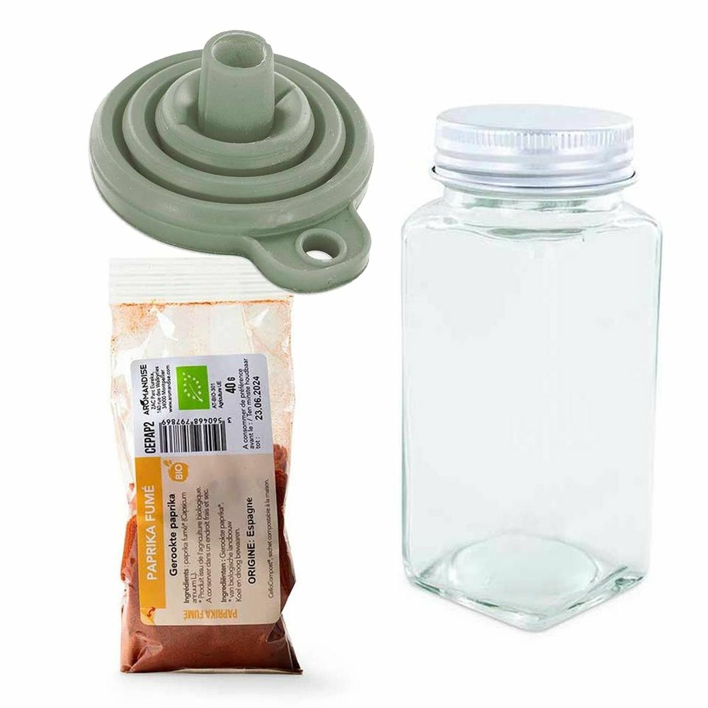 Flacon à épices poudreur + entonnoir + paprika fumé 40 g