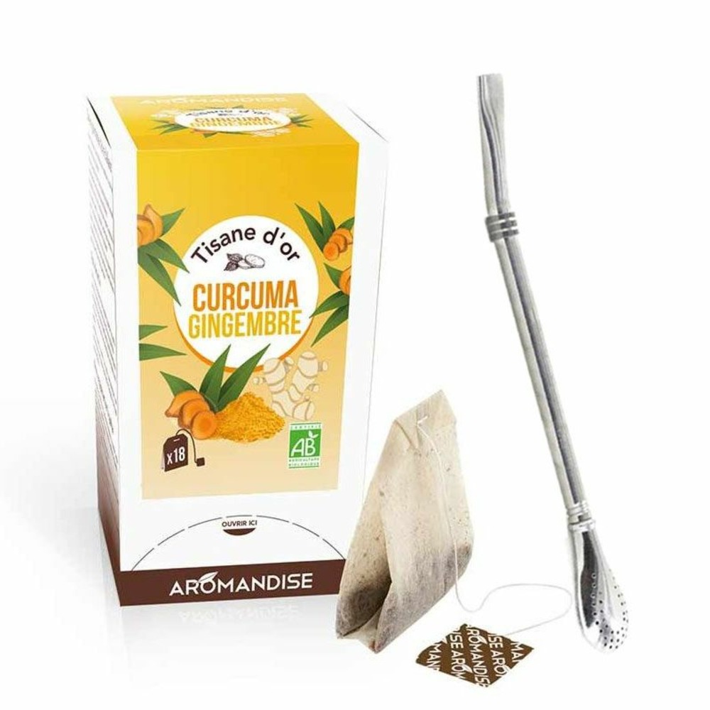 Tisane d'or bio curcuma gingembre 20 sachets + paille inox avec filtre