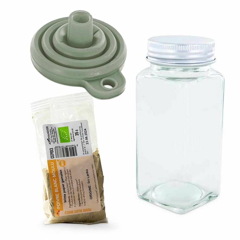 Flacon à épices poudreur + entonnoir + poivre blanc 35 g