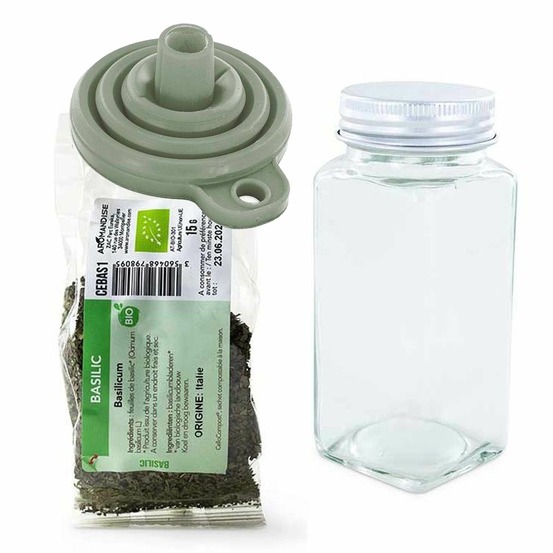 Flacon à épices poudreur + entonnoir + basilic bio 15 g