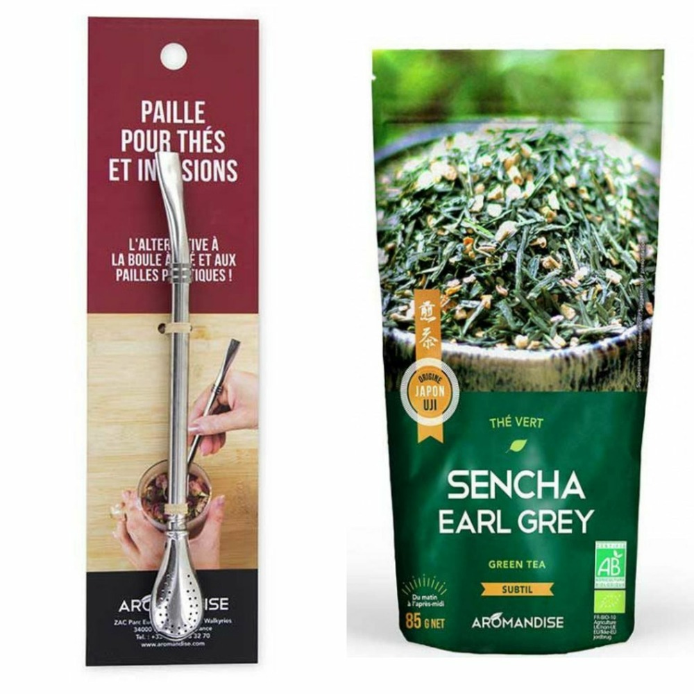 Thé vert bio japonais sencha earl grey 85 g + paille en inox avec filtre intégré
