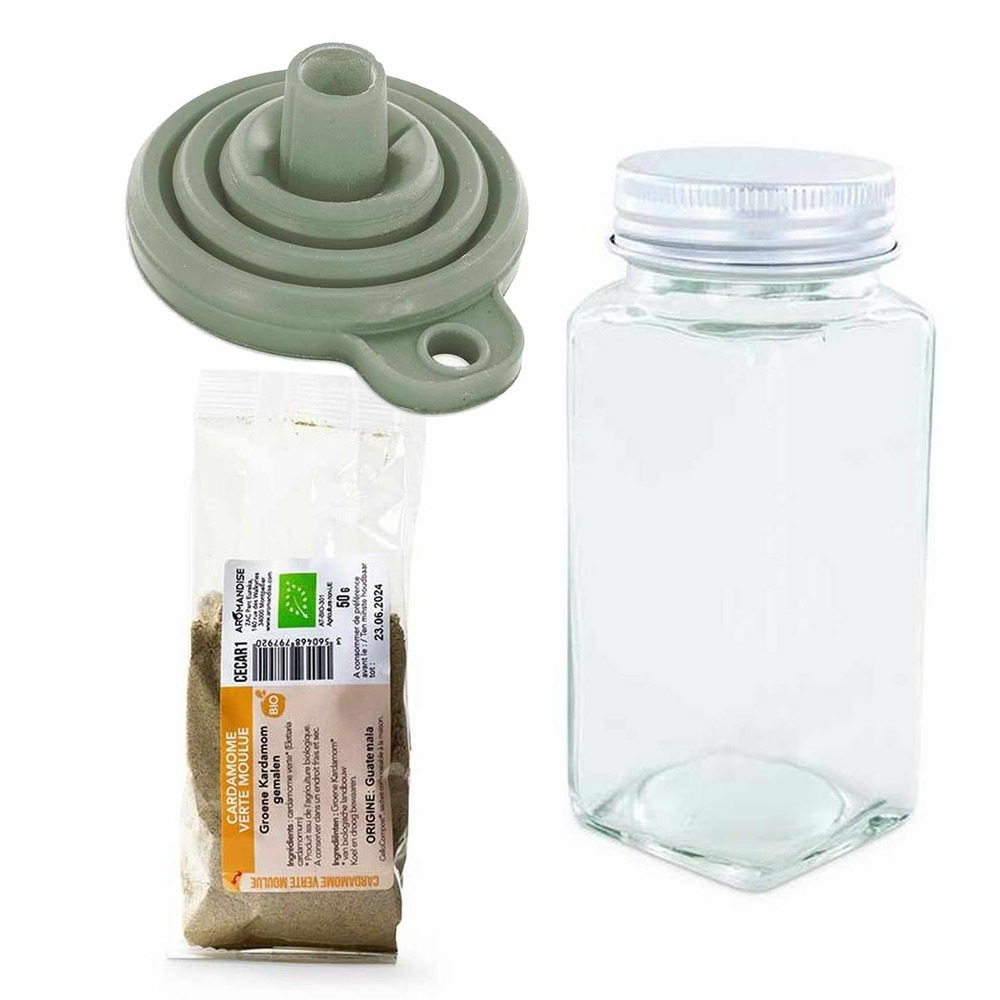 Flacon à épices poudreur + entonnoir + cardamome verte moulue 50 g