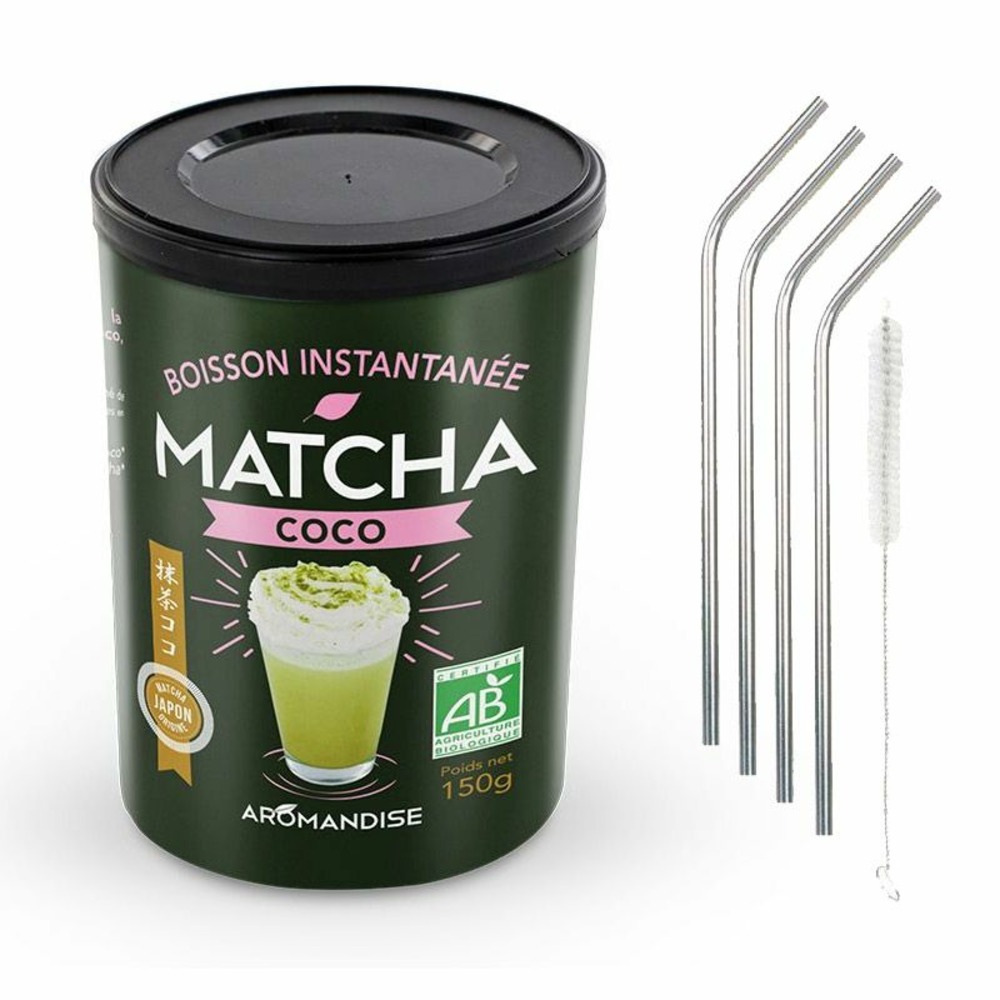Boisson instantanée matcha coco 150 g + 4 pailles en inox