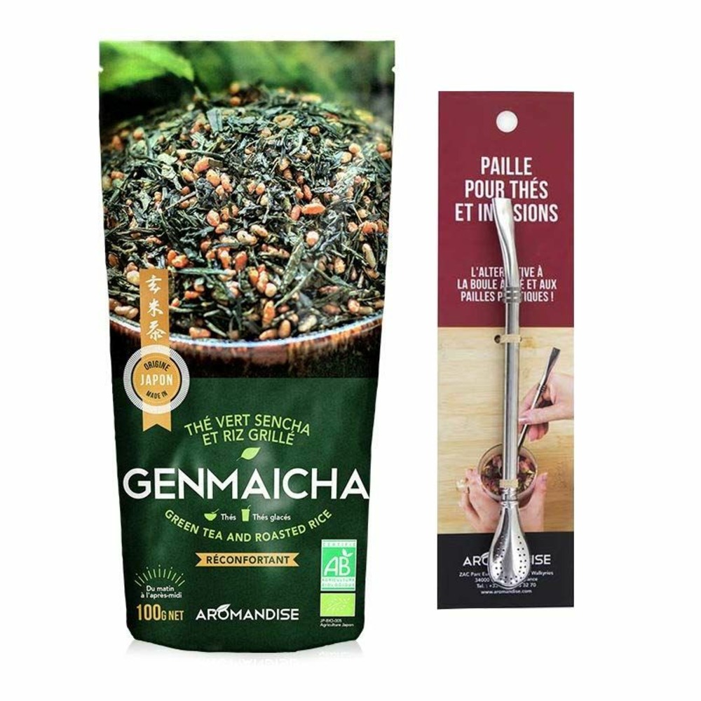 Thé vert bio et riz complet genmaicha 100 g + paille inox avec filtre