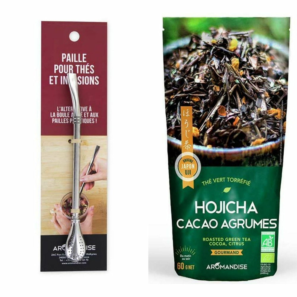 Thé vert bio japonais hojicha cacao agrumes 60 g + paille en inox avec filtre intégré
