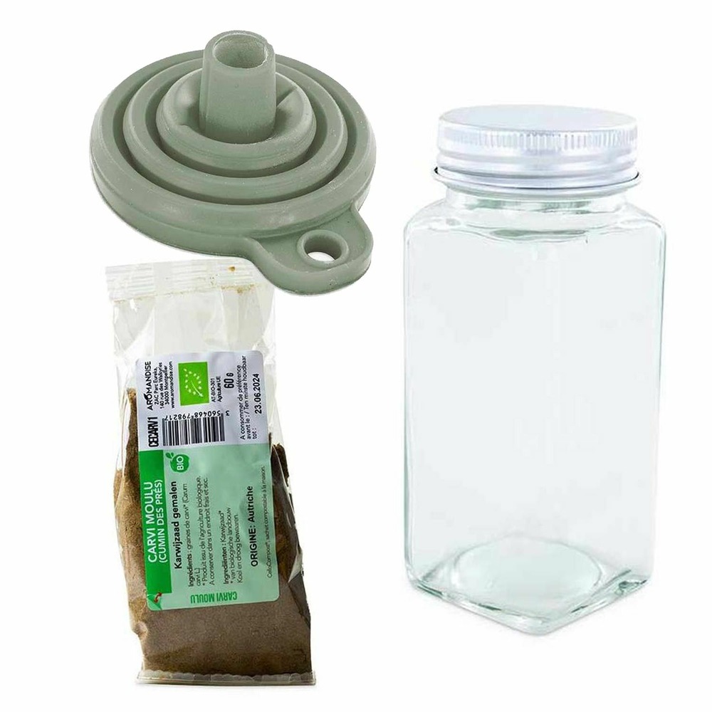 Flacon à épices poudreur + entonnoir + carvi moulu 60 g