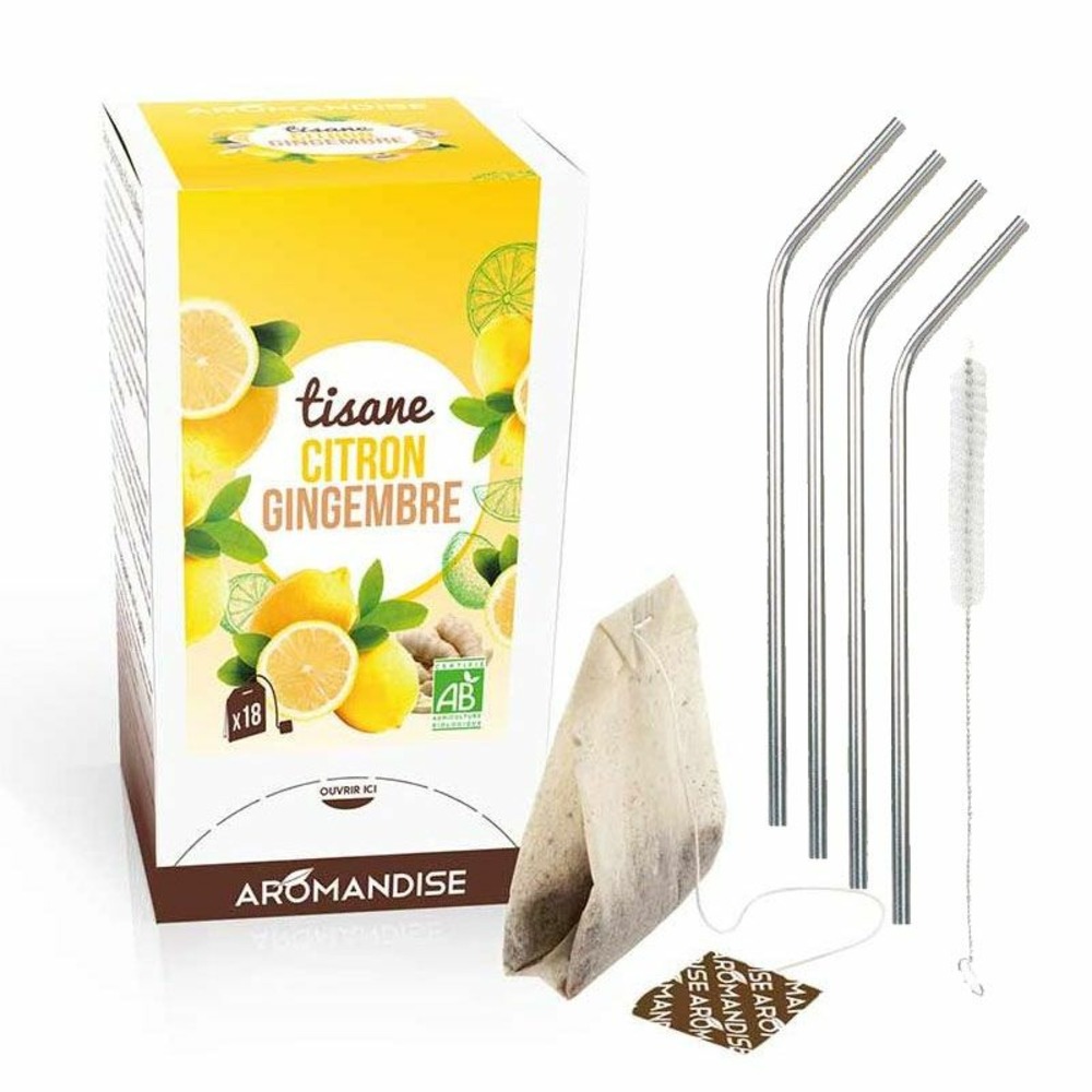Tisane gingembre et citron bio 20 sachets + 4 pailles inox