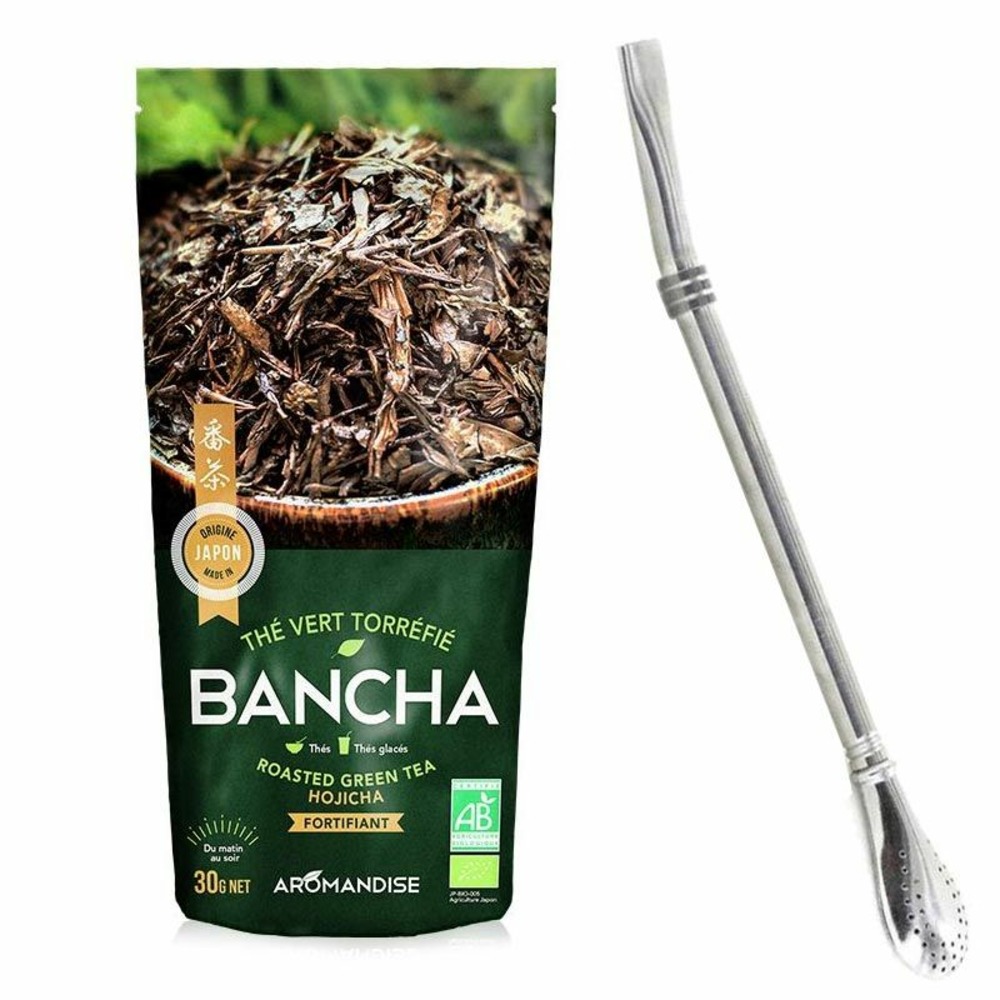Thé vert bio japonais bancha hojicha 30 g + paille inox avec filtre