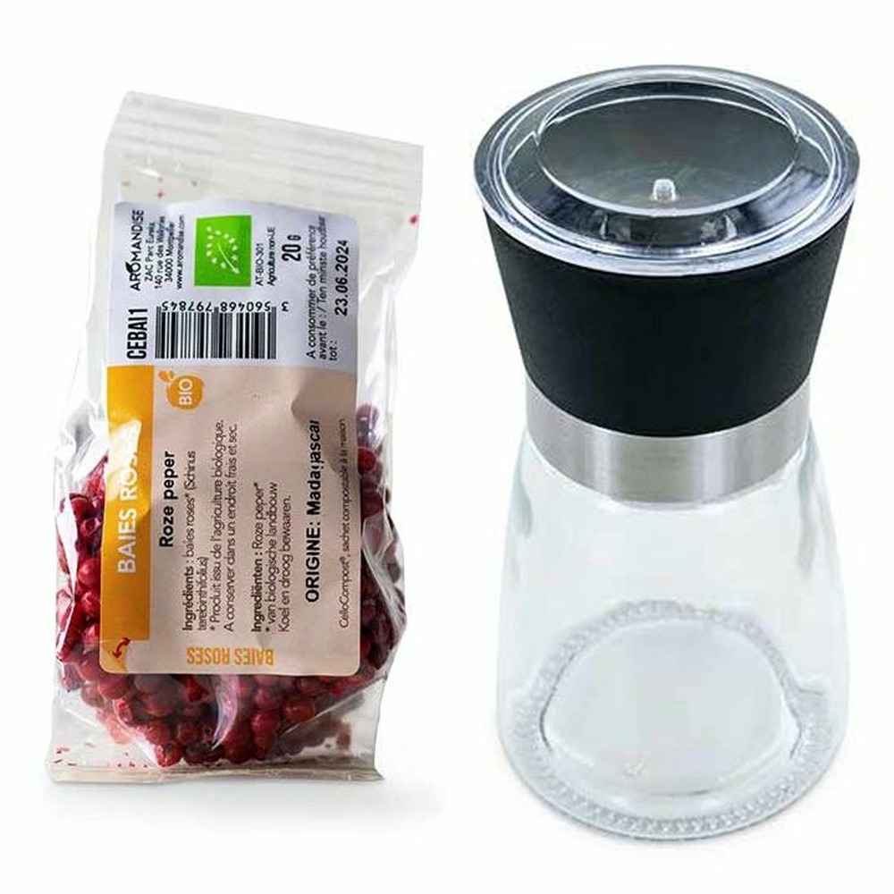Moulin à épices en verre et céramique + baies rose de madagascar
