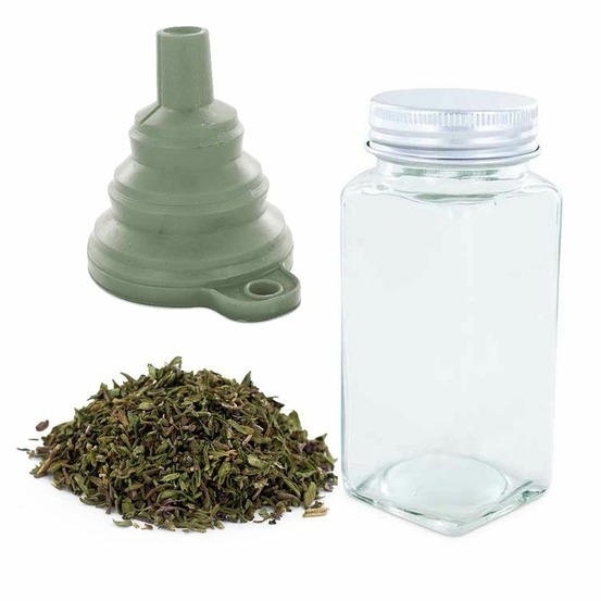 Flacon à épices poudreur + entonnoir + thym bio 20 g