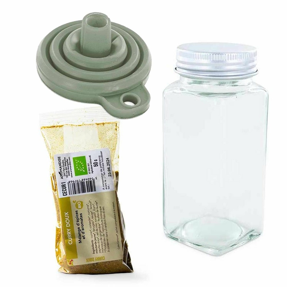 Flacon à épices poudreur + entonnoir + curry doux 50 g