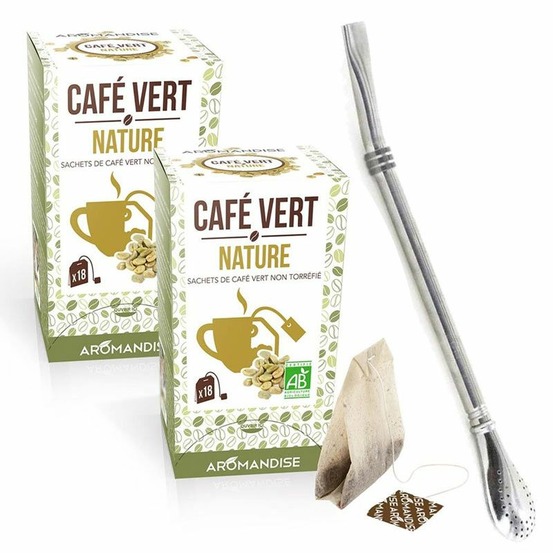 Café vert nature 36 sachets + paille inox avec filtre