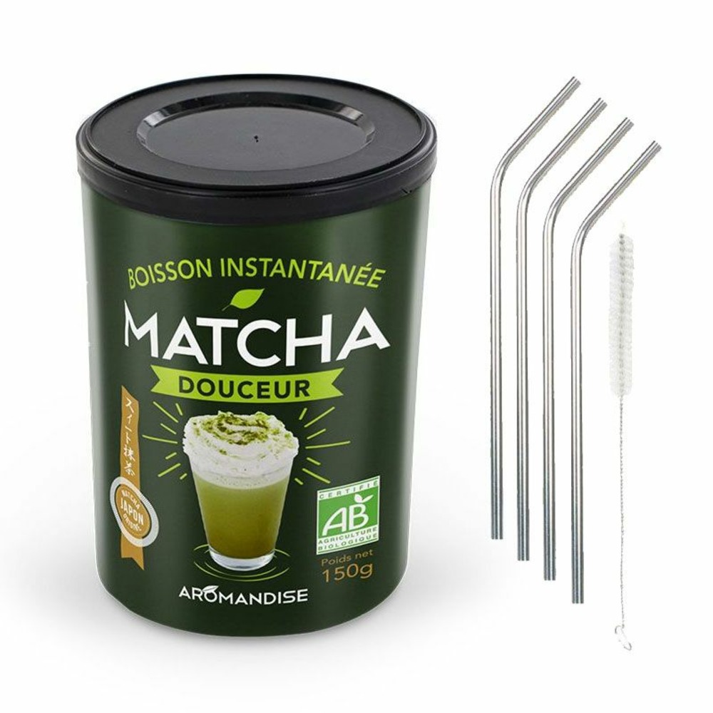 Préparation douceur de matcha bio + 4 pailles en inox