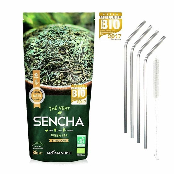 Thé vert bio sencha japonais + 4 pailles en inox