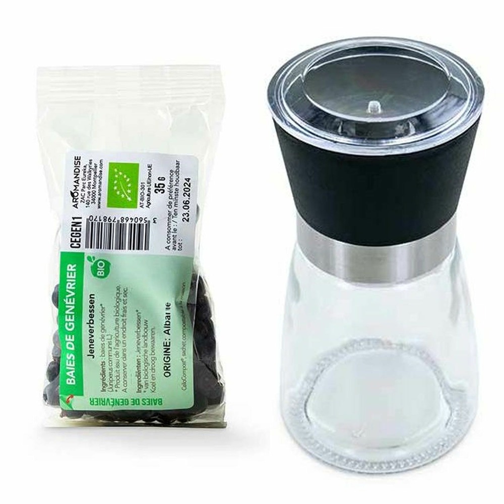 Moulin à épices en verre et céramique + baies de genévrier bio