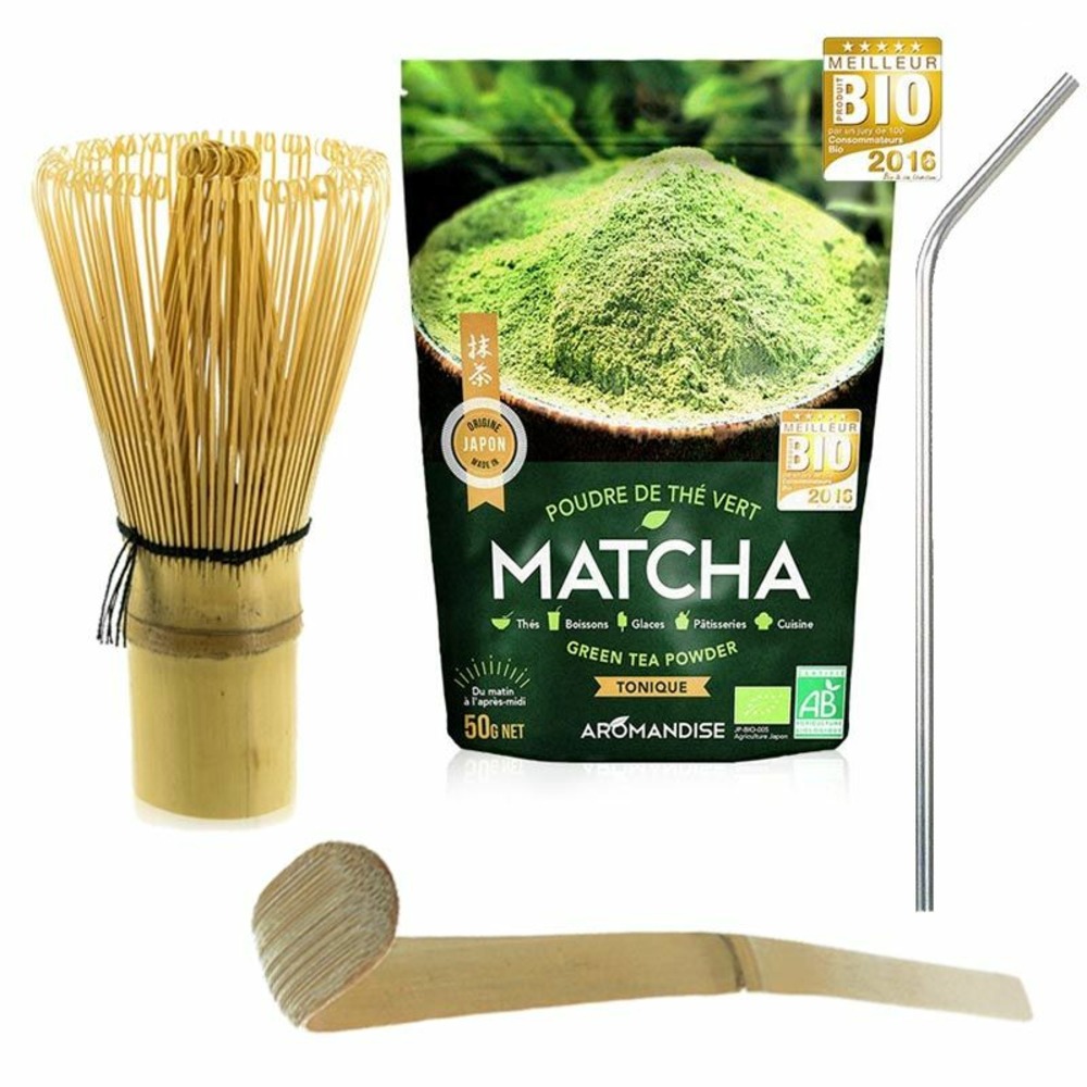 Thé matcha + fouet + cuillère en bambou + 4 pailles inox