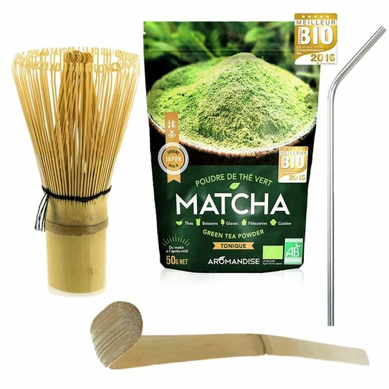Thé matcha + fouet + cuillère en bambou + 4 pailles inox