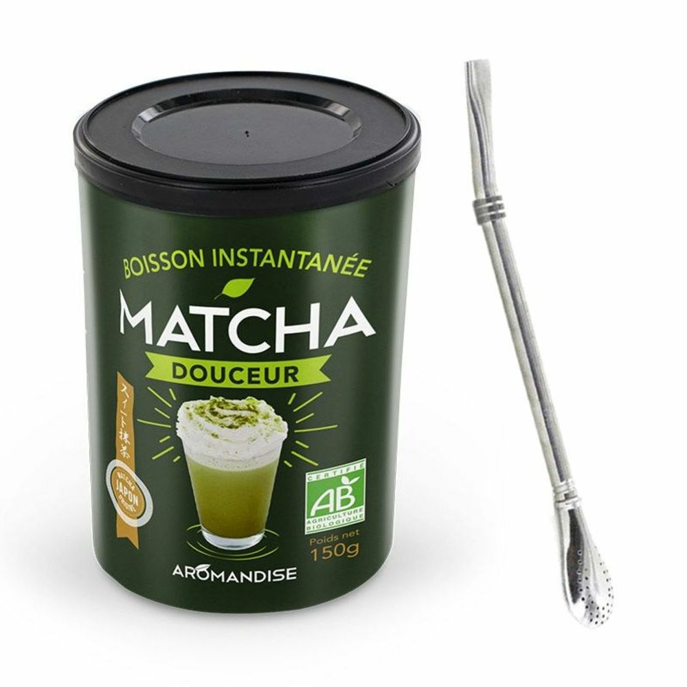 Préparation douceur de matcha bio + paille inox avec filtre