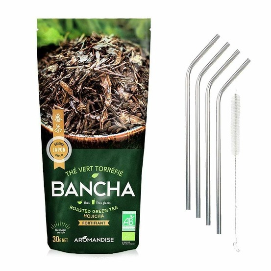 Thé vert bio japonais bancha hojicha 30 g + 4 pailles en inox