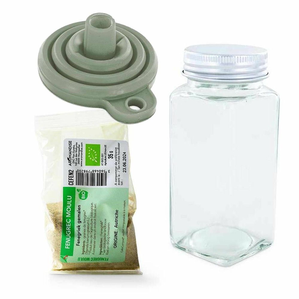 Flacon à épices poudreur + entonnoir + fenugrec moulu 35 g