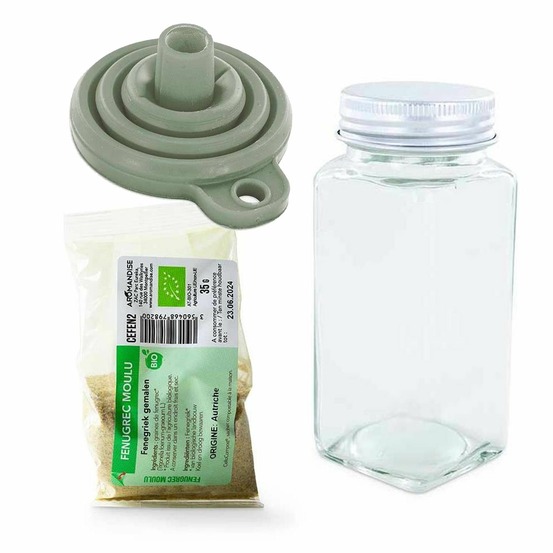 Flacon à épices poudreur + entonnoir + fenugrec moulu 35 g