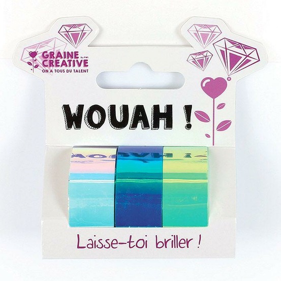 3 masking tapes iridescents 5 m x 1,5 cm - blanc, bleu, vert