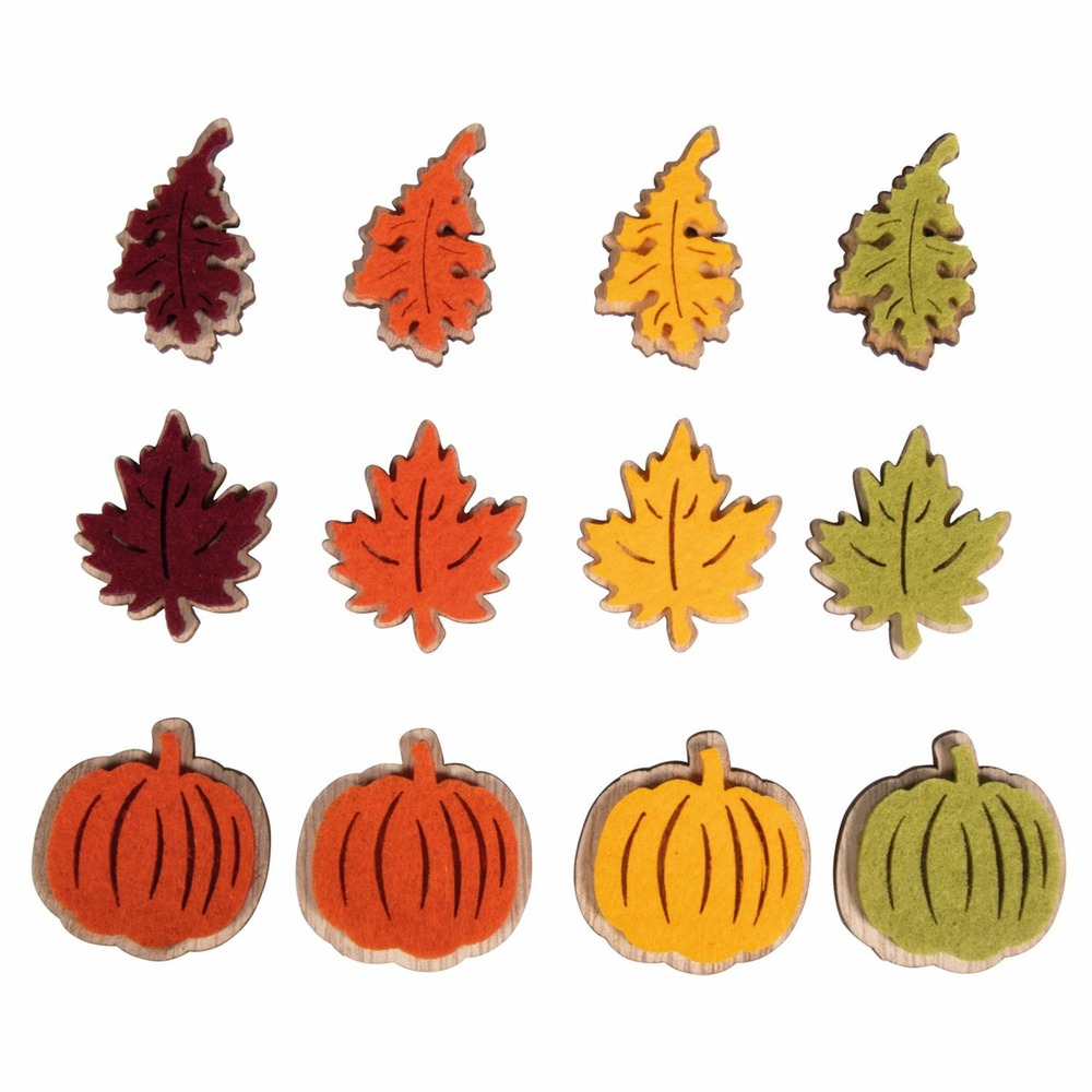 12 mini citrouilles et feuilles en bois adhésives - 3 types et 4 couleurs - 3,7 cm