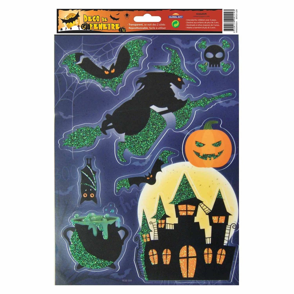 Décoration de fenêtre électrostatique halloween - sorcière - paillettes