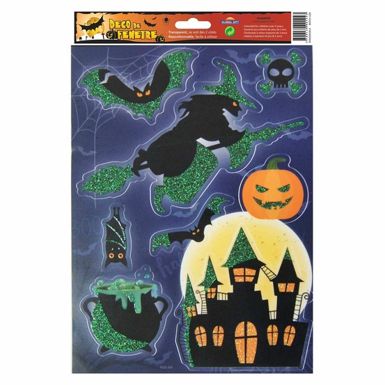 Décoration de fenêtre électrostatique halloween - sorcière - paillettes