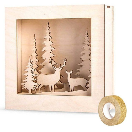 Kit cadre bois forêt de noël 20 x 20 cm + masking tape doré à paillettes 5 m
