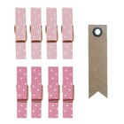 8 mini pinces à linge aimantées rose 3,5 cm + 20 étiquettes kraft fanion