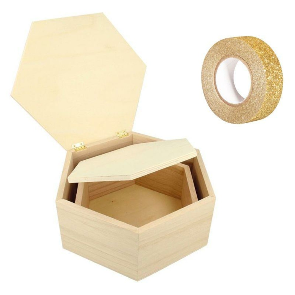 2 boîtes bois hexagonales + masking tape doré à paillettes 5 m