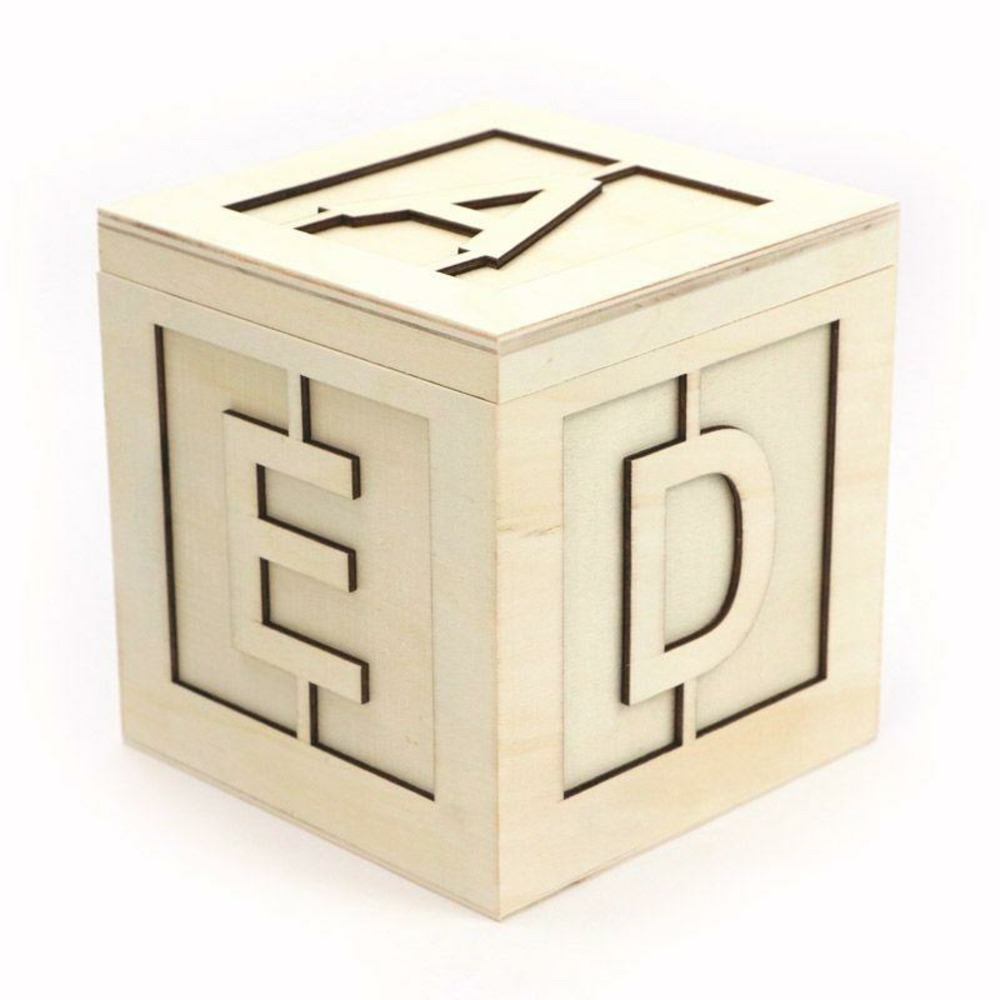 Boîte carré en bois - alphabet - 13 x 13 x 13 cm