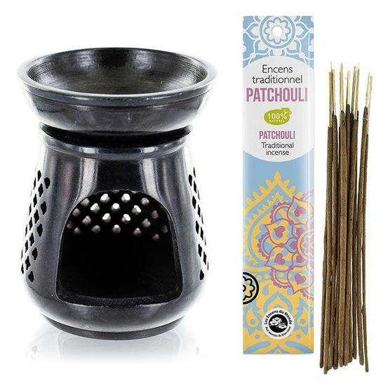 Diffuseur porte-encens moucharabieh en pierre noire + encens indien au patchouli