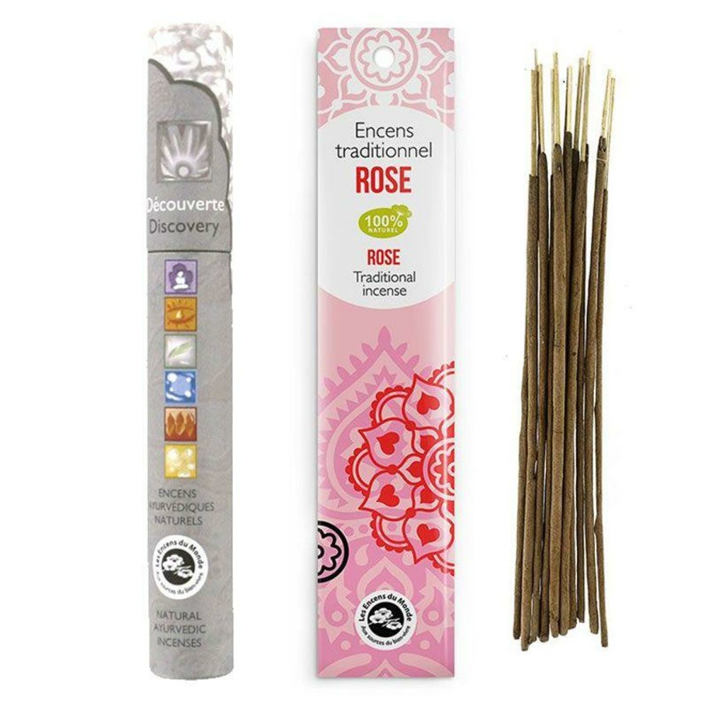 Encens indien à la rose 20 bâtonnets + encens ayurvédique 14 bâtonnets