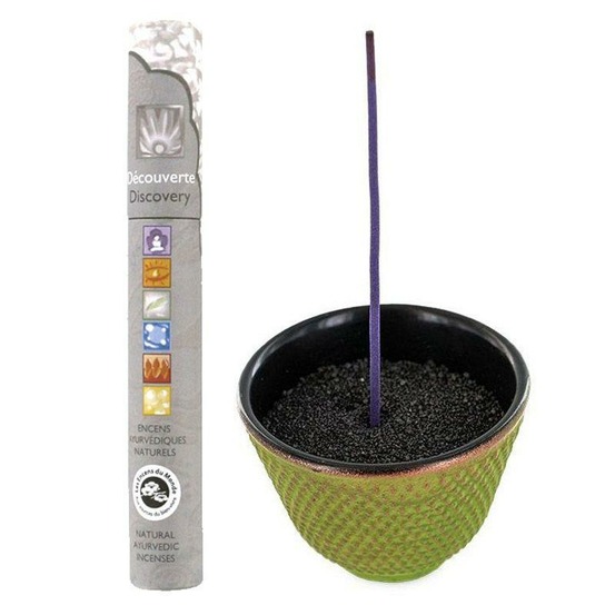 Porte-encens coupelle en fonte zen vert & or + encens ayurvédique