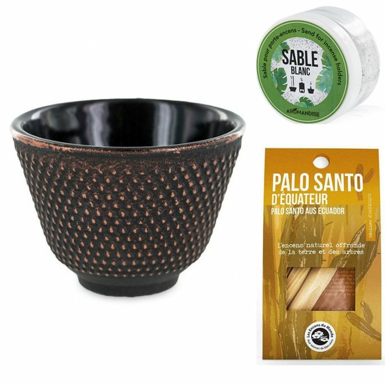 Porte-encens coupelle noir et doré + sable blanc + bâtonnets palo santo
