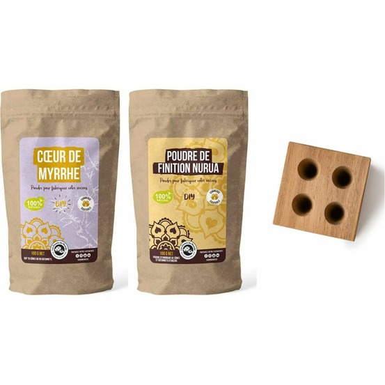 Diy encens - moule en bois pour 4 cônes + poudre cœur de myrrhe + poudre de finition