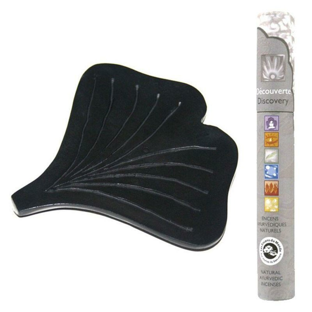 Porte-encens en pierre noire ginko + 14 bâtonnets d'encens ayurvédique