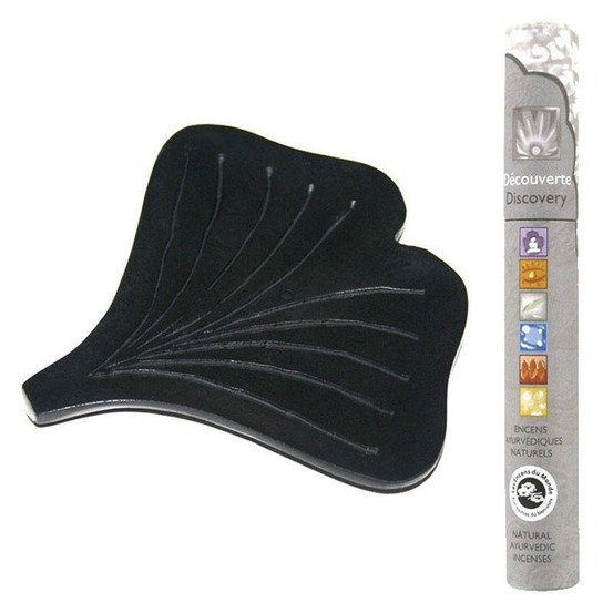 Porte-encens en pierre noire ginko + 14 bâtonnets d'encens ayurvédique