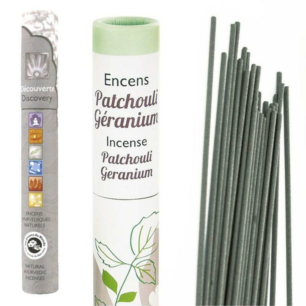 Encens patchouli-geranium 30 bâtonnets + encens ayurvédique 14 bâtonnets
