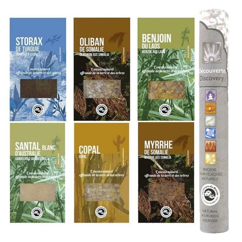 Coffret 6 résines à brûler + 14 bâtonnets d'encens ayurvédique