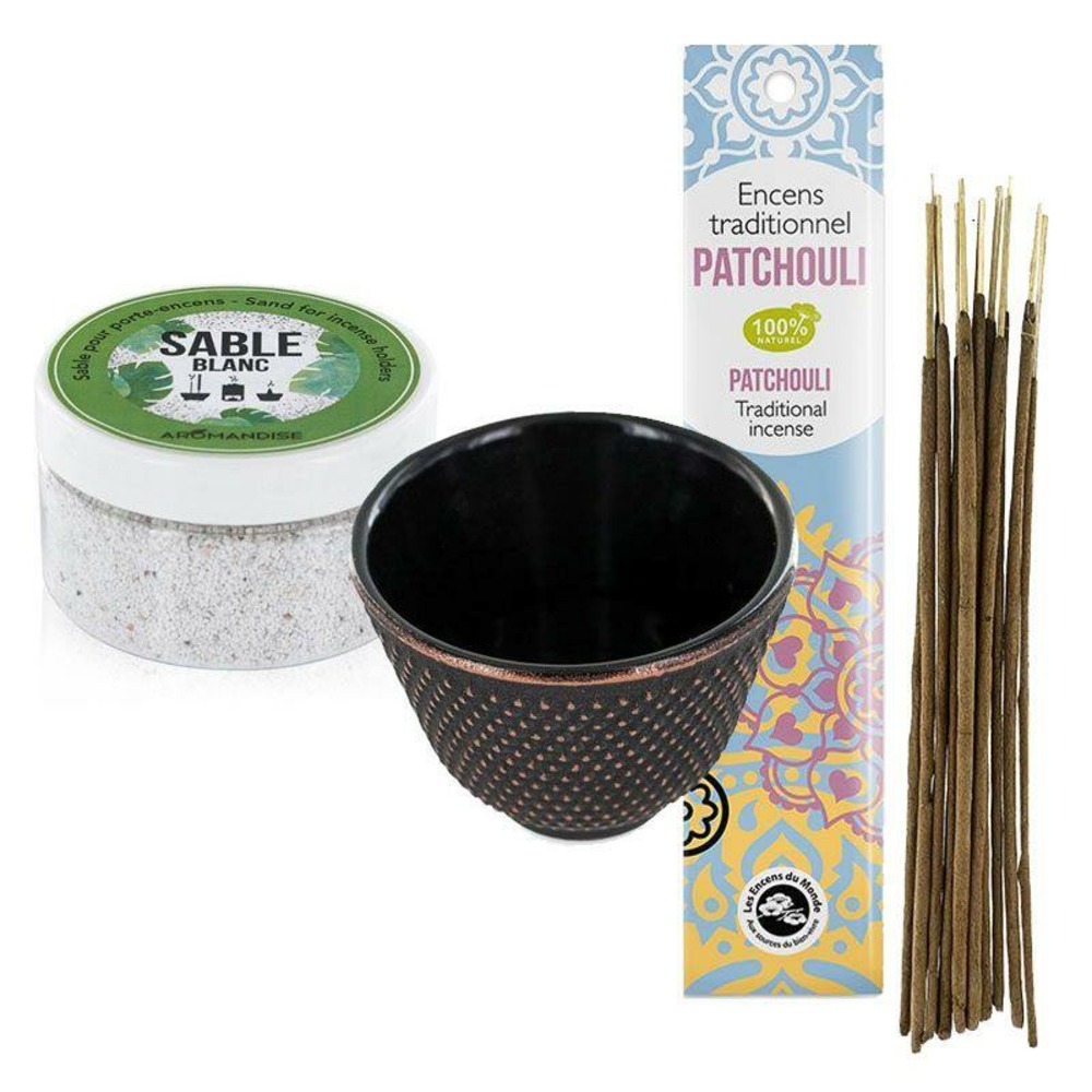 Porte-encens coupelle en fonte noire + sable blanc + encens indien au patchouli